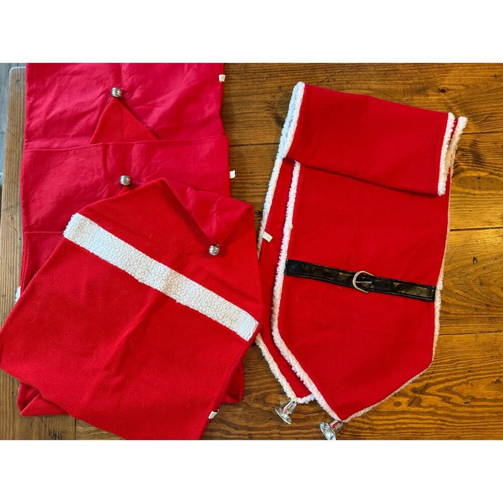 Lot of Table Runner, 4 Vintage Santa Hat Chair Covers Red White Fleece with Bell